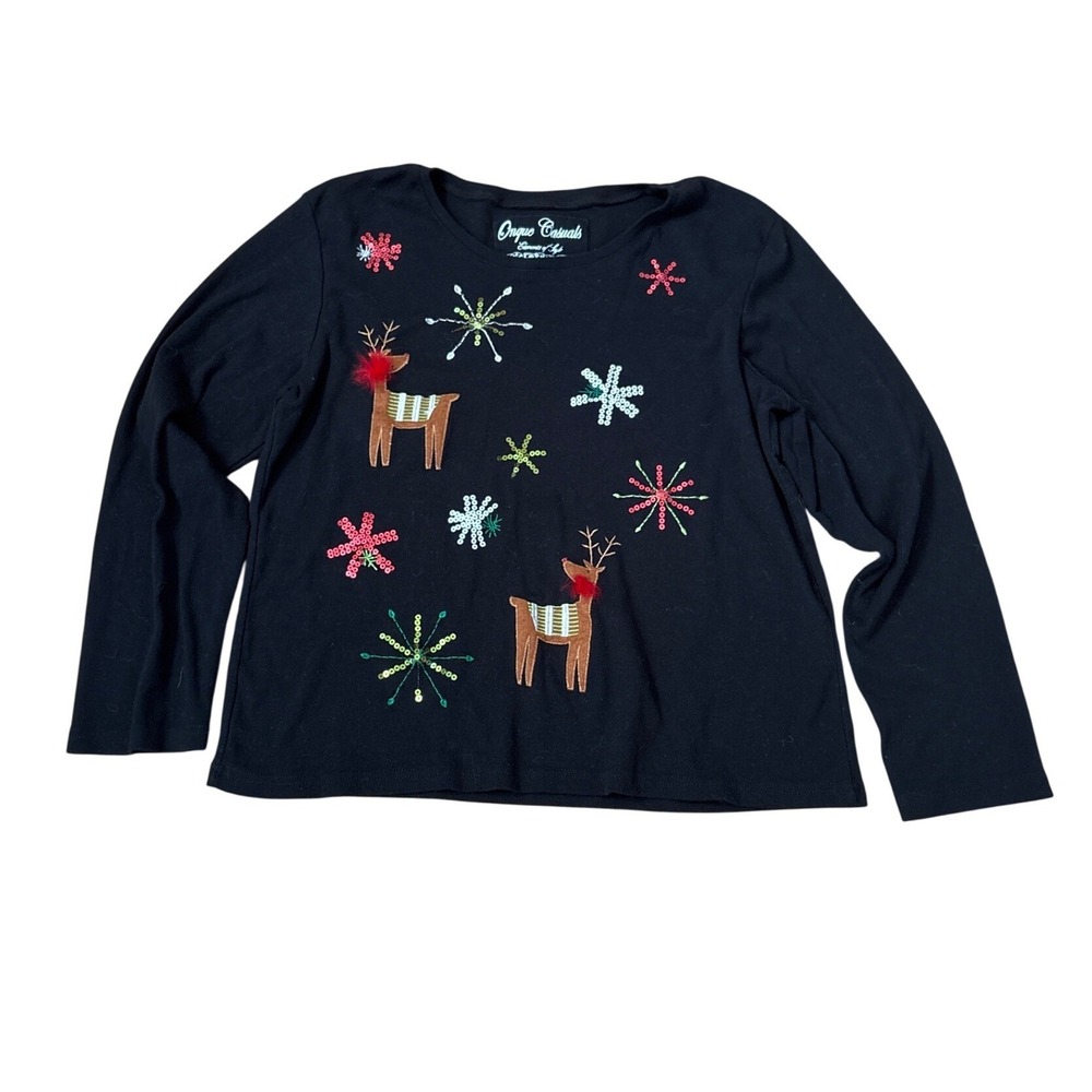 Onque Casuals Top Women Black Reindeer Sequin Snowflake Holiday SIZE XL